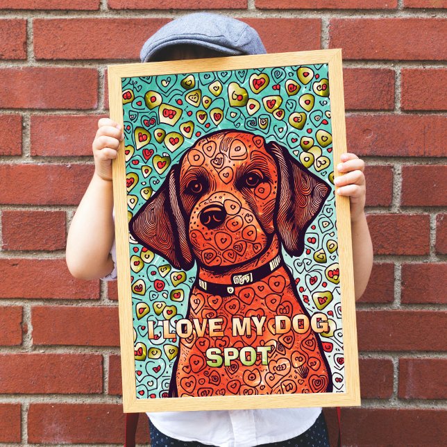 Ich Liebe mein Dog Aduloring Poster (I Love My Dog Adult Coloring Poster being held up by a little boy covering his face. )