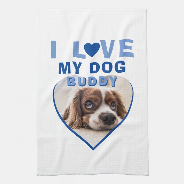 Ich Liebe mein Hund Blue Heart Foto Pet Name Geschirrtuch (Vertikal)