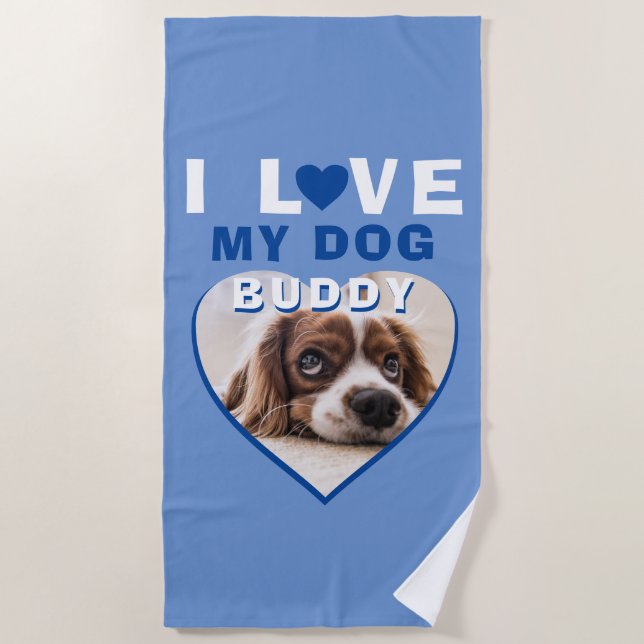 Ich Liebe mein Hund Blue Heart Pet Name Foto Strandtuch (Vorderseite)