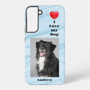 Ich liebe mein Hund Foto und Name auf Blauem Marmo Samsung Galaxy Hülle