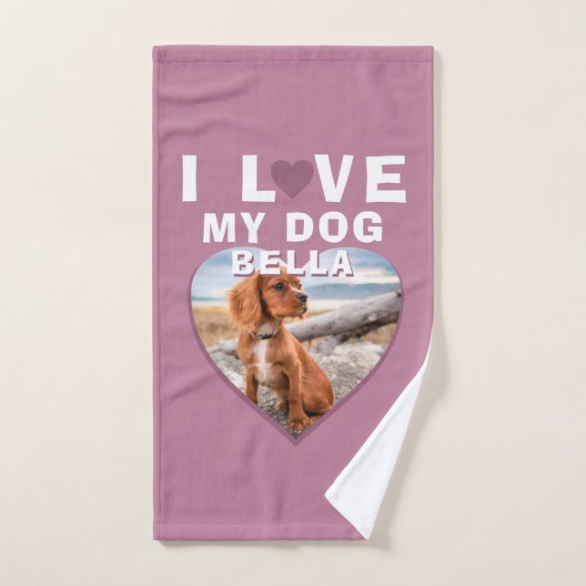 Ich Liebe mein Hund rosa Herz Pet Name Foto Badhandtuch Set (Handtuch)