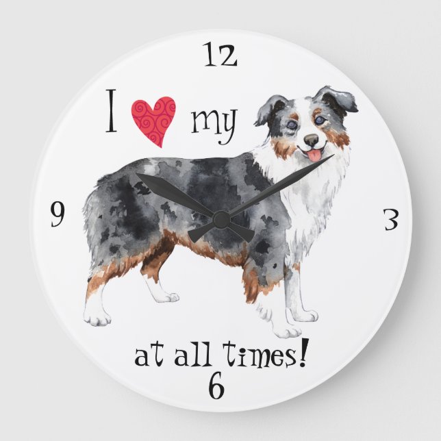 Ich Liebe mein Mini-Amerikanischer Schäferhund Große Wanduhr (Vorderseite)
