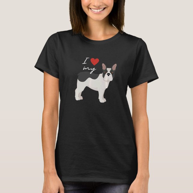 Ich Liebe mein schwarz-weißer Bulldoghund T-Shirt (Vorderseite)