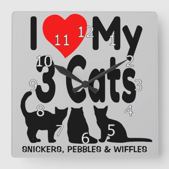Ich Liebe meine drei Katzen Quadratische Wanduhr (Vorderseite)