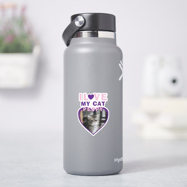 Ich Liebe meine Katze Rosa Herzklopfen Foto Name Aufkleber (HydroFlask)