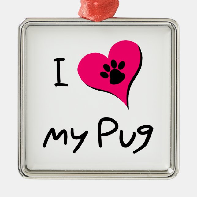 Ich Liebe meine schwarze Mops-Paw Druck auf rosa H Ornament Aus Metall (Vorne)
