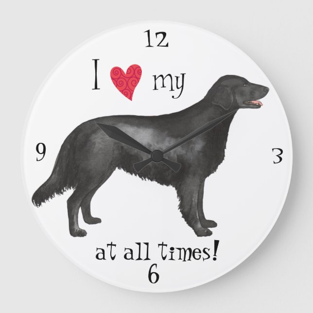 Ich Liebe meinen flachbeschichteten Retriever Große Wanduhr (Vorderseite)