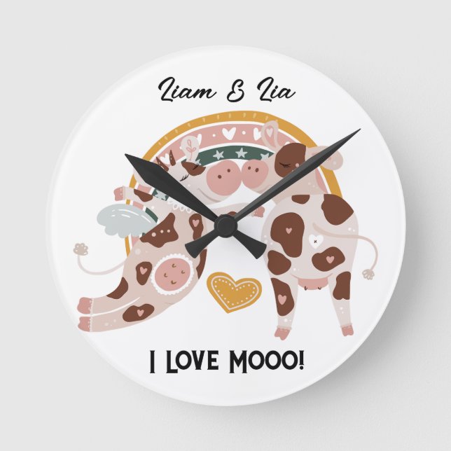 Ich Liebe Mooo Niedliche Kuh maßgeschneiderte Gesc Runde Wanduhr (Vorderseite)