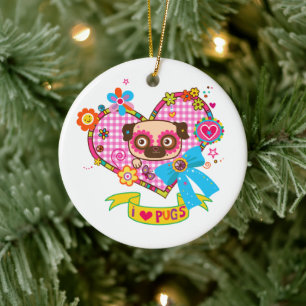 Ich liebe Möpse! Weihnachtsbaumanhänger Keramik Ornament