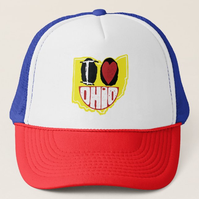 Ich Liebe Ohio lächelnd glückliches Gesicht Truckerkappe (Vorderseite)