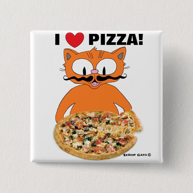 "Ich Liebe Pizza!" Mustache Cat Pizza Lovers Button (Vorderseite)