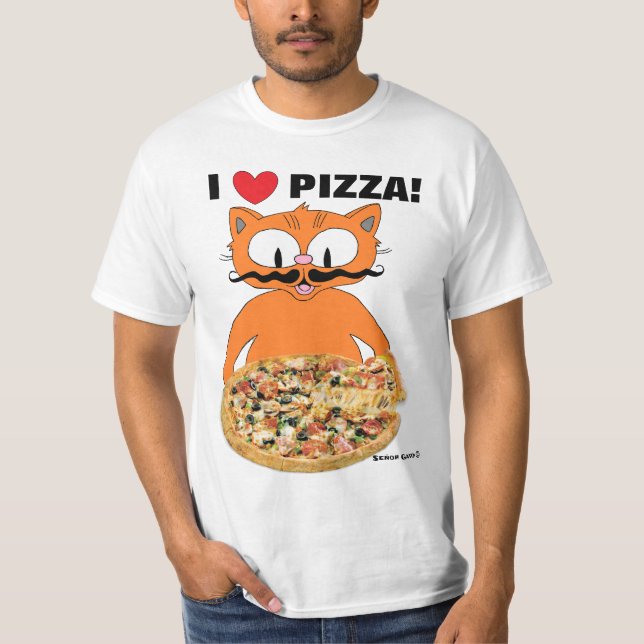 Ich Liebe Pizza! Niedlicher Cartoon Mustache Katze T-Shirt (Vorderseite)