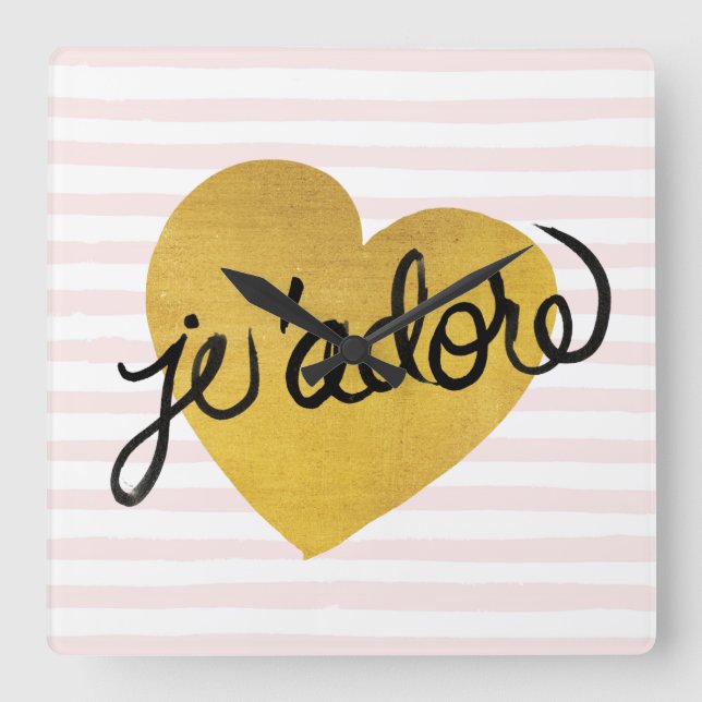 Ich liebe Quote Black & Gold Heart Quadratische Wanduhr (Vorderseite)