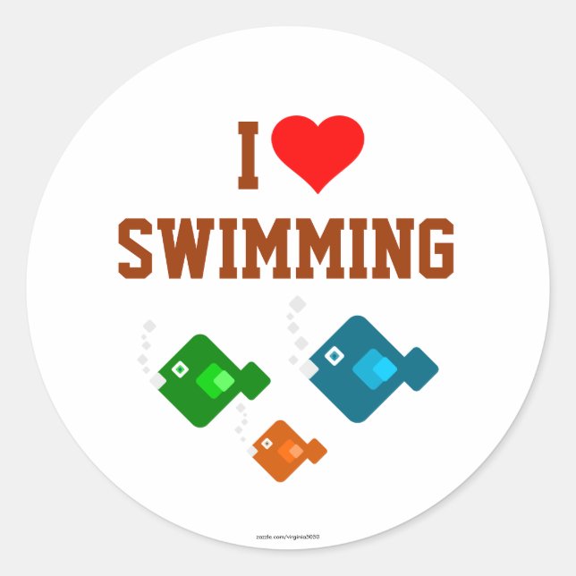 Ich LIEBE SCHWIMMEN mit dem Fischaufkleber Runder Aufkleber (Vorderseite)