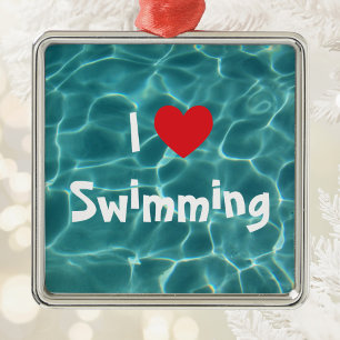 Ich liebe Schwimmen Rotes Herz mit Aqua-Poolwasser Silbernes Ornament