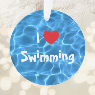 Ich liebe Schwimmen Rotes Herz mit blauem Poolwass Ornament