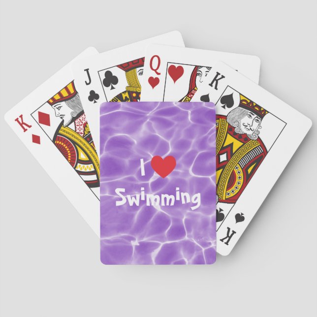 Ich Liebe Schwimmen Rotes Herz mit Lila Pool Wasse Spielkarten (Rückseite)