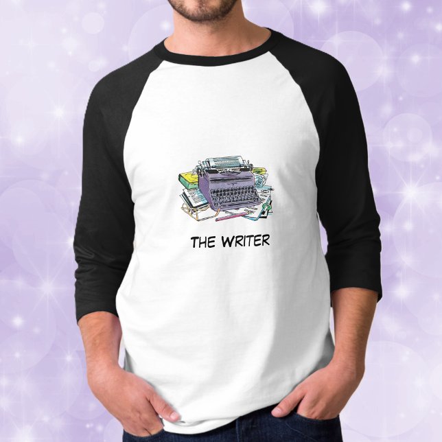 Ich Liebe Shirt schreiben (Purple manual typewriter pens, paper books for writers on black white mens tee shirt.)