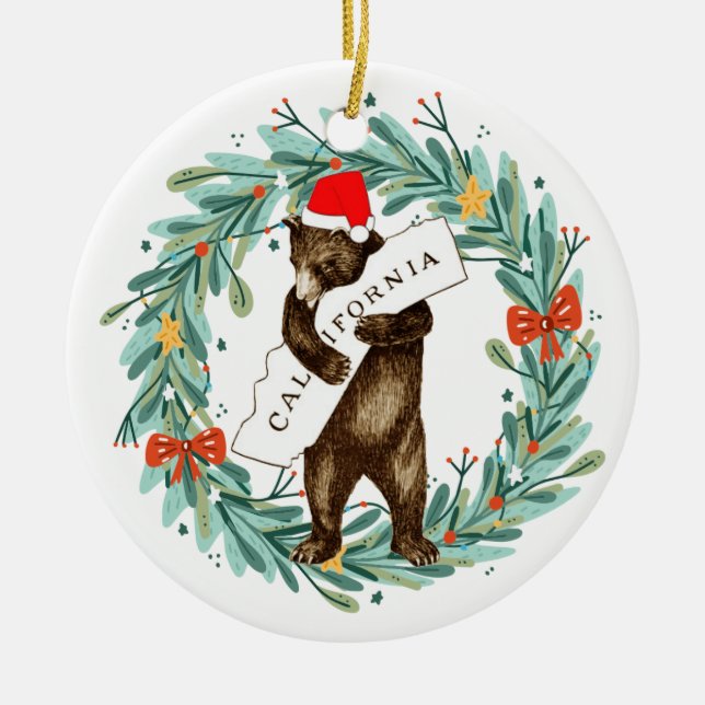 Ich Liebe Sie California Bär mit Weihnachtsmannmüt Keramik Ornament (Vorne)