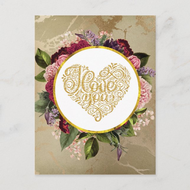 Ich Liebe Sie Extravagant Golden Verziert Herzens Postkarte (Vorderseite)