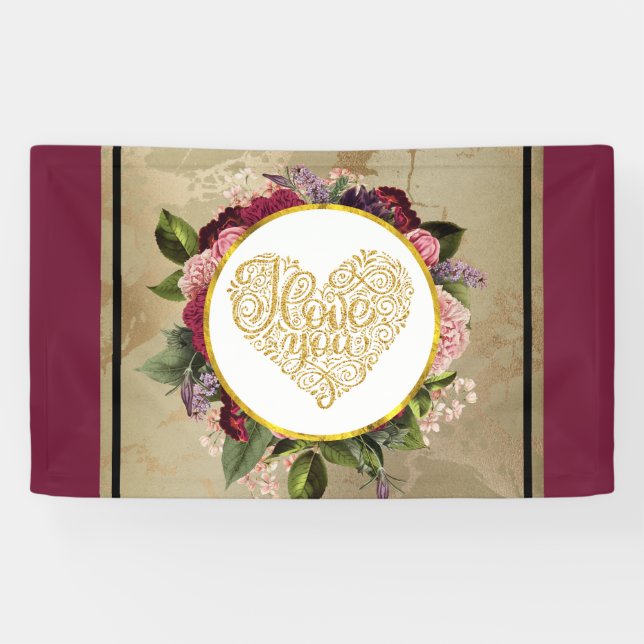 Ich Liebe Sie Extravagantes Goldenes Herz mit Blum Banner (Horizontal)