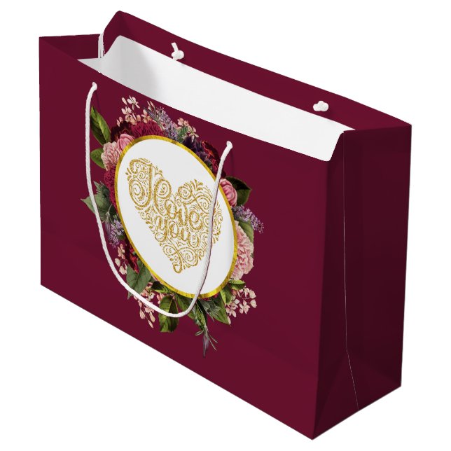 Ich Liebe Sie Extravagantes Goldenes Herz mit Blum Große Geschenktüte (Vorderseite Schrägansicht)