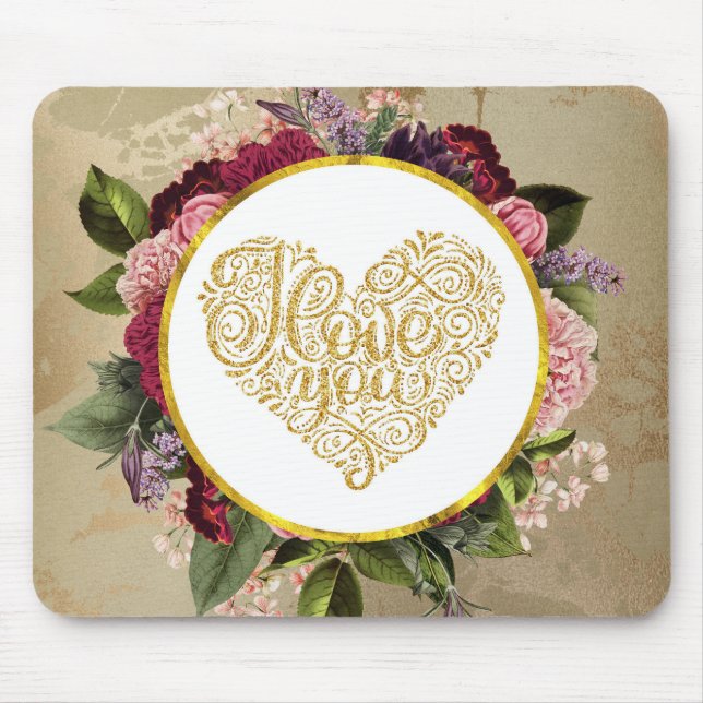 Ich Liebe Sie Extravagantes Goldenes Herz mit Blum Mousepad (Vorne)