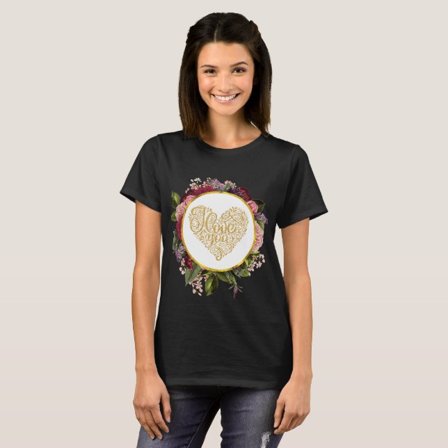 Ich Liebe Sie Extravagantes Goldenes Herz mit Blum T-Shirt (Vorne ganz)