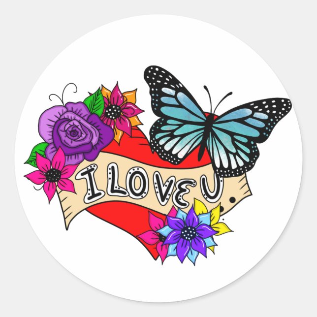 Ich Liebe Sie | Herz, Rose und Schmetterlinge Runder Aufkleber (Vorderseite)