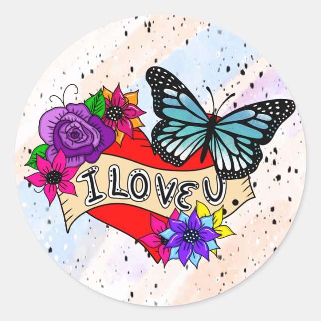 Ich Liebe Sie | Herz, Rose und Schmetterlinge Runder Aufkleber (Vorderseite)