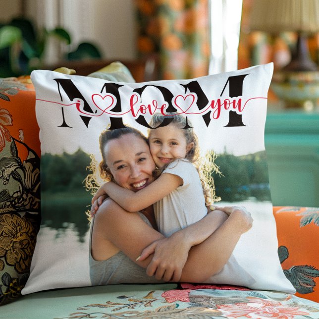 Ich Liebe Sie Mama Red Hearts Typografie Foto Kissen (I Love You Mom Red Hearts Typography Photo Throw Pillow)