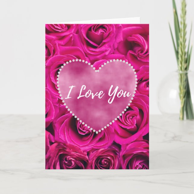 Ich Liebe Sie mit Rose und rosa Herzvergnügen Karte (Vorderseite)
