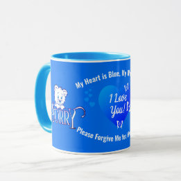 Ich LIEBE SIE mit trauriger Bärenruhe auf blauer A Tasse