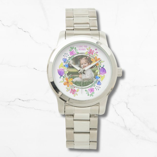 Ich LIEBE SIE MOMMY Foto farbenfroh florale Modern Armbanduhr (Von Creator hochgeladen)