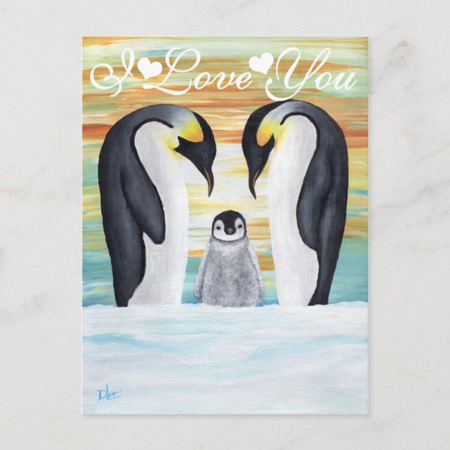 Ich Liebe Sie Penguin Familie mit Baby Penguin Postkarte (Vorderseite)