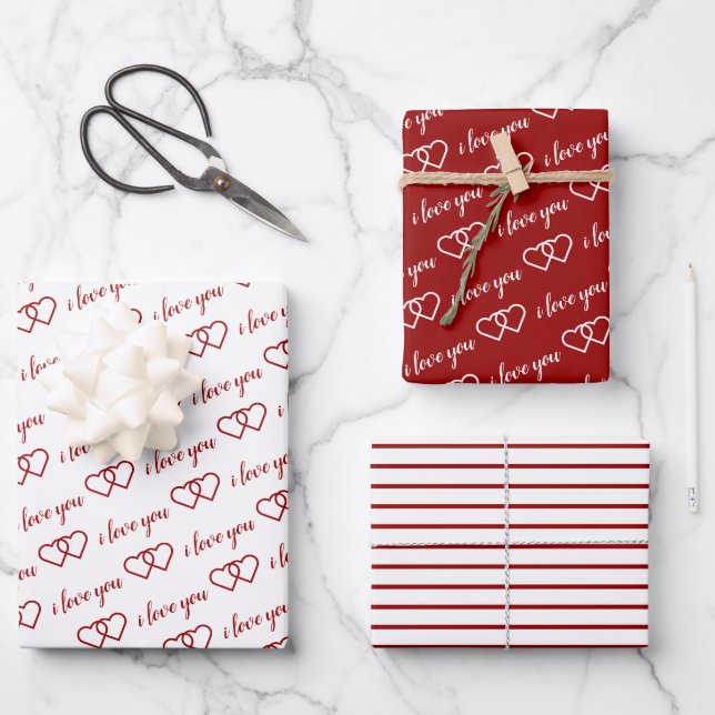Ich Liebe Sie Romantische Valentine Rote Herzen St Geschenkpapier Set (Vorderseite)