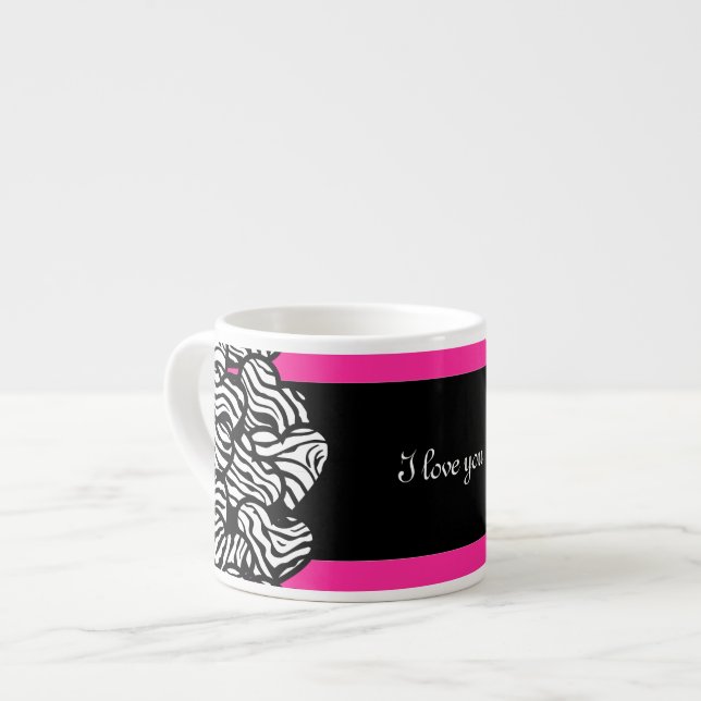 Ich Liebe Sie rosa Schwarz-weißes Zebrahermuster Espressotasse (Vorderseite Links)