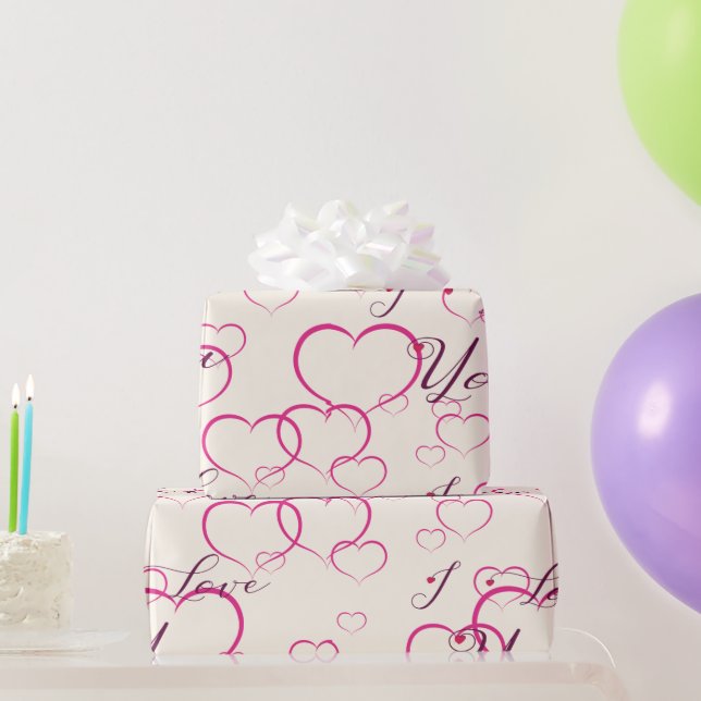Ich Liebe Sie - rosa, schwebende Herzen Geschenkpapier (Partygeschenke)