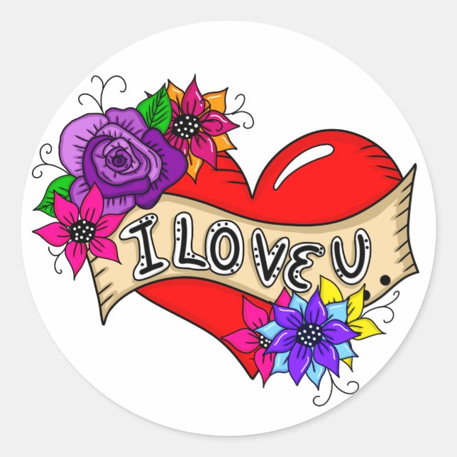 Ich Liebe Sie | Tattoo Heart Art Runder Aufkleber (Vorderseite)
