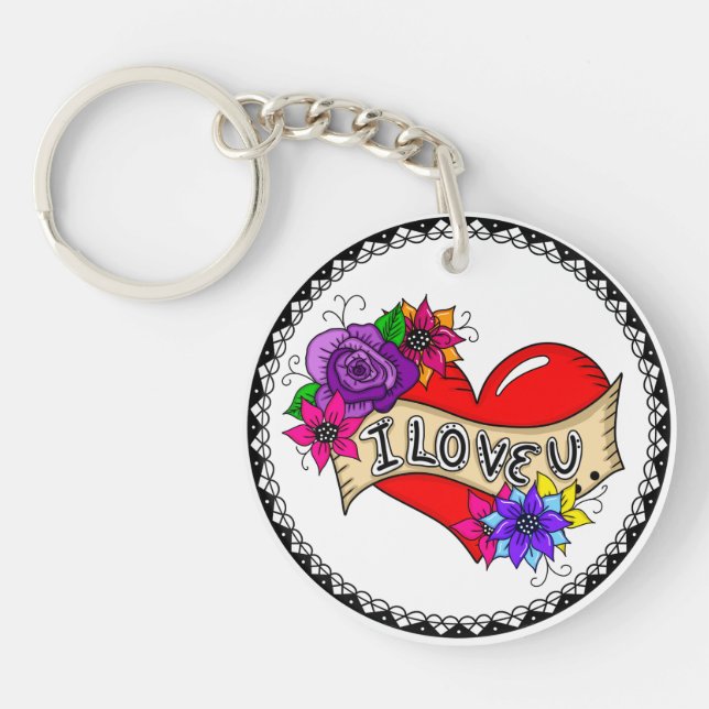 Ich Liebe Sie | Tattoo Heart Personalisiert Schlüsselanhänger (Vorderseite)