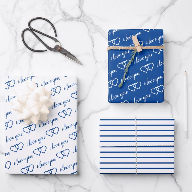 Ich Liebe Sie Valentine Blue Hearpes Streifen Geschenkpapier Set (Vorderseite)