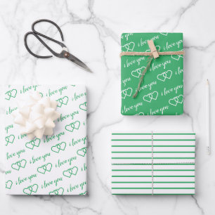 Ich Liebe Sie Valentine grüne Herzen Streifen Geschenkpapier Set