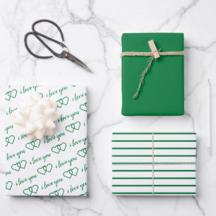 Ich Liebe Sie Valentine grüne Herzen Streifen Geschenkpapier Set