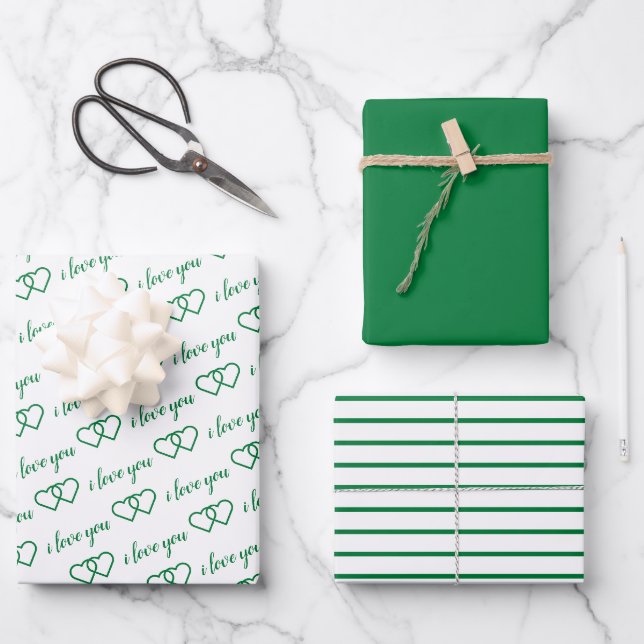 Ich Liebe Sie Valentine grüne Herzen Streifen Geschenkpapier Set (Vorderseite)