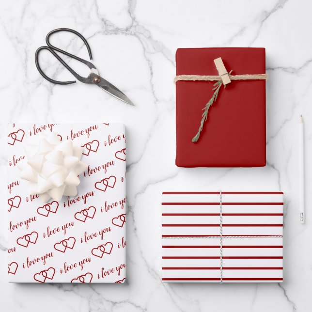 Ich Liebe Sie Valentine Rote Herzen Streifen Geschenkpapier Set (Vorderseite)