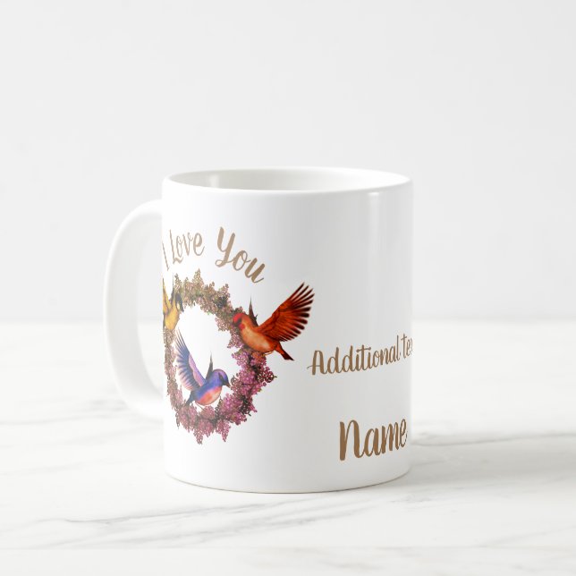 Ich Liebe Sie Vögel auf Blume Kranz Personalisiert Kaffeetasse (Vorderseite Links)