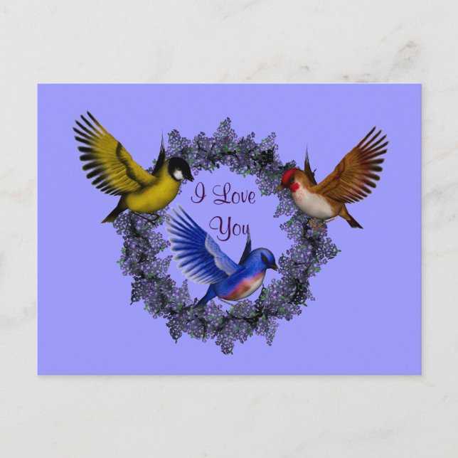 Ich Liebe Sie Vögel auf Blume Kranz Postkarte (Vorderseite)