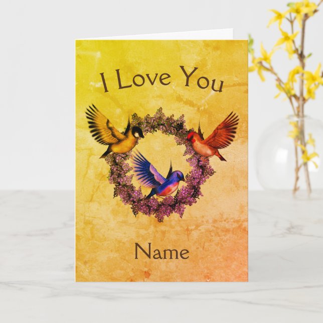 Ich Liebe Sie Vögel auf Kranz Personalisiert Karte (Gelbe Blume)