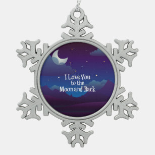 Ich Liebe Sie zum Mond und zurück, blaues Indigo Schneeflocken Zinn-Ornament