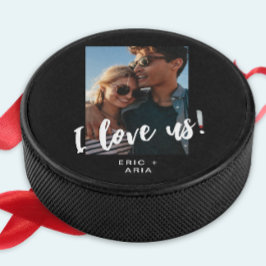Ich Liebe uns Skriptnamen und Foto Schwarz Eishockey Puck